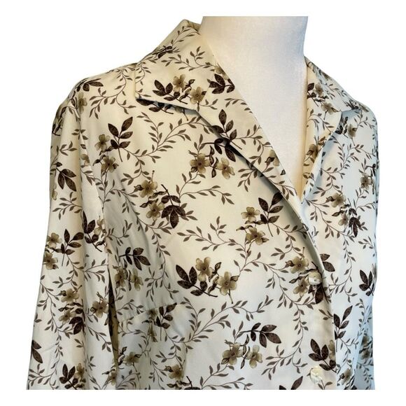 Vintage Laura Scott Floral Print Blouse Ivory Brown Long Sleeve Button Down Shir - Picture 2 of 8